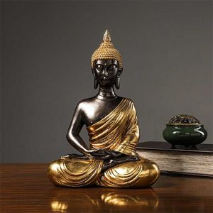 Goldene Buddha-Statue, Kunstharz, handgefertigt, thailändische Buda-Buddha-Statue, Kunsthandwerk, dekorative Verzierung, Heimdekoration 220113