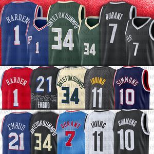 7 camisas de basquete Kevin Harden Durant 21 Embiid 10 Ben Kyrie Joel Irving Simmons Men 2022 2023 Citry Jersey
