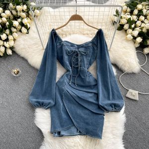 Denim Frauen Kleider Vintage Mini Party Kleider Lace-up Bandage Quadrat Kragen Langarm Jeans Mode Streetwear 2022