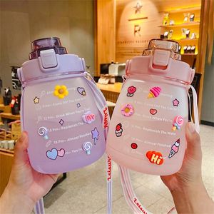 Cute Girls Water Bottle with Stickers Straw Big Belly Cup 1500ml Sports for Jug Children Female Kettle Strap 220217