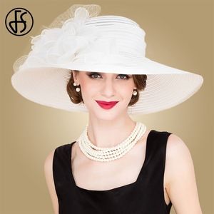 FS nero bianco elegante donna cappelli da chiesa per le signore fiori estivi cappello a tesa larga in organza spiaggia sole Kentucky Derby cappello Fedora T200602