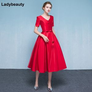 Ladybeauty Nuovo arrivo 2020 Elegante abito da sera rosso con scollo a V Allacciatura Partito formale plus size Abiti manica corta LJ201123
