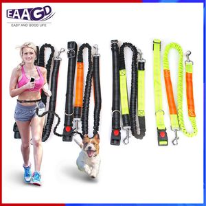 Handsfree Running Dog Leash - Durable Bungee Leash, Reflective Stitching - Shock Absorbing Adjustable Waist Belt LJ201112