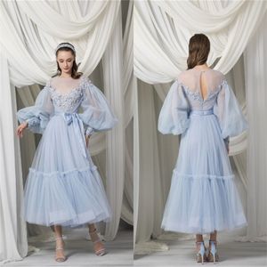 2021 New Evening Dresses Long Sleeves Lace Appliques Prom Gowns Custom Made Tea-Length Plus Size A Line Special Occasion Dress