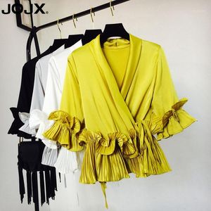 JOJX Solid Ruffles Patchwork Mujer top e camicetta da donna 2018 New V-Neck Chiffon Sashes Camicie Donna Abbigliamento donna1