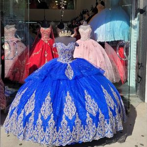 Royal Blue Sweet 16 Quinceanera födelsedagsklänningar pärla spetsar från axel maskerad festklänningar vestidos de xv anos