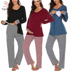 Maternity Kläder Nursing Pajama Set Långärmad T-shirt Toppar Striped Pants Amning Sleepwear Hospital Pajamas Comfy Home LJ201118