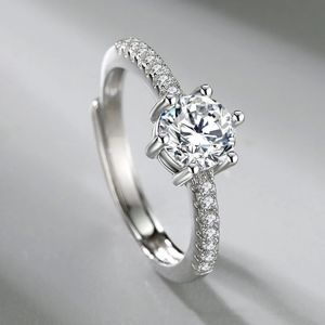 Offener verstellbarer Ring aus S925-Sterlingsilber, platiniert, sechs Zinken, Moissanit, Micro-Set, Multi-Diamant, Geschenk für Freundin