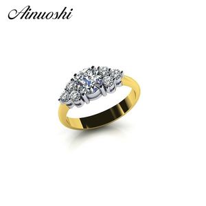 AINOUSHI 925 Sterling Silver Yellow Gold Color Ring Three Stones Round Cut Wedding Band for Women Engagement Lover Fine Jewelry Y200106