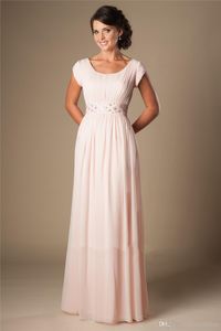 Pink Chiffon Modest Bridesmaid Dresses With Cap Sleeves Long A-line Wedding Guests Dresses Formal Temple Cheap Maids of Honor Dresses