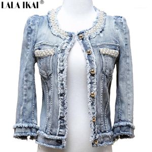 Giacche da donna all'ingrosso - Giacca da donna con perle Cappotto corto in denim effetto vissuto Jeans con frange Capispalla con perline da donna TOP354 -51