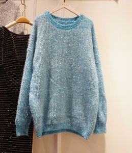 Otoño Invierno nuevo diseño mujer cuello redondo manga larga suelta palazzo mohair lana tejido lurex brillante suéter tops jumper