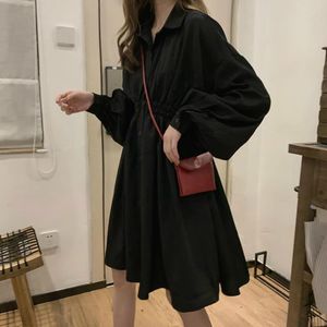 Kleid Langarm Adrette Solide Süße Einfache Elegante Plissee Stilvolle Neue Studenten Damen Schlank Täglich Streetwear Hohe Taille Y0118