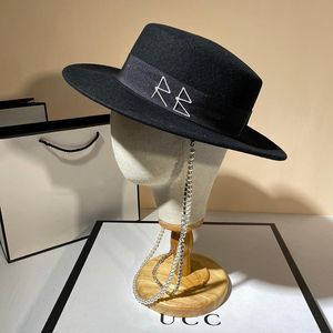 New Women Fedoras Wool Hats Fashion Letter With Chain Elegant Big Hat Black Big Brim