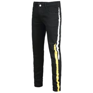 Men's Jeans 2021 Mens Colored Stripe Printed Black Stretch Slim Fit Plus Big Size Painted Denim Pants Casual Man Trousers