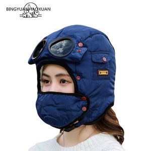 Adult Kids Fleece Earmuffs Hat Skiing Hat Snowboard Riding Motorcycle Men Cycling Bomber Hat with Glasses Windproof Mask Y200110