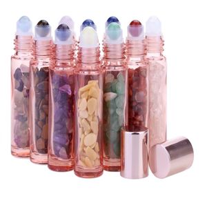 100pcs 10ML Empty gem Roller bottles Essential Oil glass bottle transparent Rose gold Thick gemstone jade crystal stone inside bottle