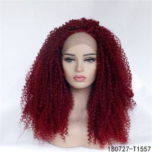 Burgundy Synthetic Hair Lace Frontal Wigs Afro Kinky Curly perruques de cheveux humains 180727-T1557