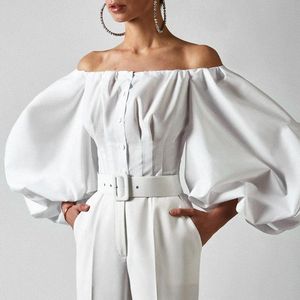 Kvinnors blusar skjortor 2022 Spring White Cotton Shirt Blue Women Elegant French Romantic Crop Top Woman Puff Sleeve Slash Neck Blusa