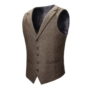 VOBOOM Gilet in tweed di lana Gilet da uomo Gilet kaki grigio a spina di pesce Gilet da uomo Gilet da sposa Colletto sartoriale 018 201106