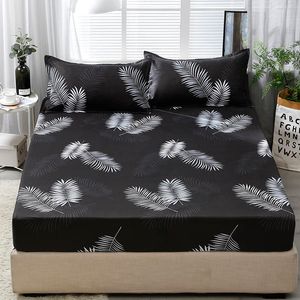 3pcs Fitted Sheet with Pillowcase Set Black Leaf Printed Single Queen Size Mattress Protector Cover Bottom Sheet for King Bed LJ200812