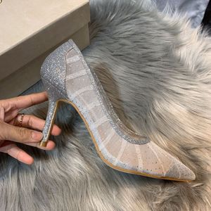 Hot sale-Wedding shoes female spring season sexy white mesh shoes pleated silver lace pointed shoes stiletto shallow mouth high heels female