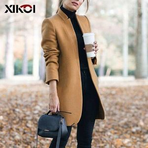 Casacos das Mulheres Casuais de Lã Mulheres Outono Inverno Stand Bolinhos de Manga Longa Bolsos Finos de Lã Feminino Casual Trabalho de Escritório Casual Plus Size