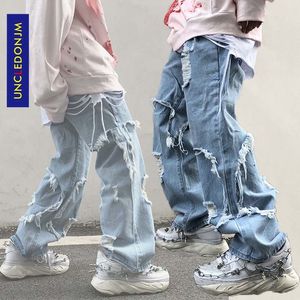 Unclutonjm Svart Jeans Plus Storlek Män Förstörda Stretch Loose Fit Hop Hop Pants Fashion Distressed Denim Jean Me-Z37 201117