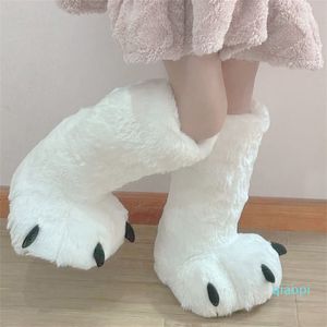 Bonito Urso De Pelúcia Pata Branco Tubo Longo Tubo Algodão Sapatos Casal Indoor Inverno Casa Quente Desenhos Animados Desenhos Animados Desinados Desinados Desinados Desenhos Animados Furry Chinelos 2022