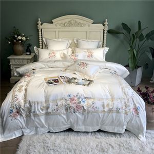 New White Blue Pink Luxury Flowers Embroidery 100S Egyptian Cotton Palace Bedding Set Duvet Cover Bed sheet/Linen Pillowcases T200706