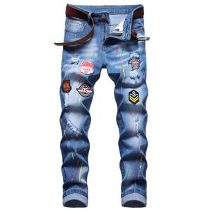 Men Slim Fit Ripped Jeans Fashion Straight Leg Stretch Printed Biker Denim Pants Mens Blue Regular Trousers Big size D673