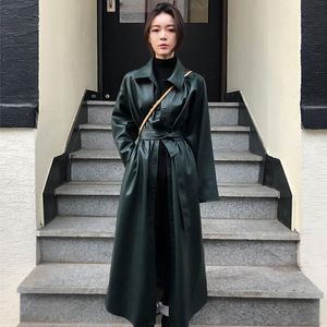 WSYORE Cool Leather Long Jacket 2020 New Spring Women Loose Belt PU Leather Windbreaker Trench Coat Slim Autumn Jacket NS939