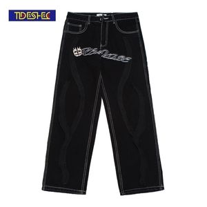casual pants men's Retro skull letter embroidery pants Gothic jeans fashion loose straight wide leg pants men's jeans 220311