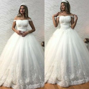 Elegant Ball Dresses Off The Shoulder Straps Lace Applique Sweep Train Beaded Custom Made Plus Size Wedding Gown Vestidos 403