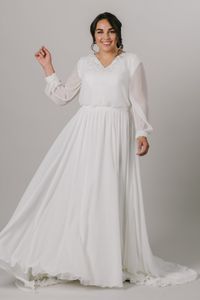 2021プラスサイズBOHOウェディングドレス控えめな長袖AラインシフォンLDS宗教ブライダルガウン女性花嫁のドレス