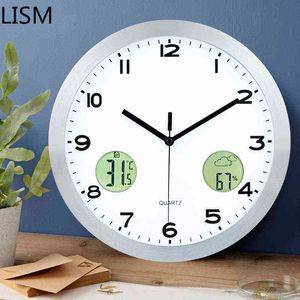 Relógio de parede digital com data e temperatura moderna decoração de casa redonda relógio de parede de quartzo silencioso design de metal nórdico arte Horloge H1230