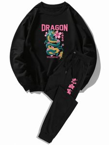 ROMWE Guys Letter Chinese Dragon Graphic Sweatshirt & Drawstring Sweatpants i1M0#