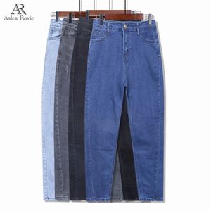 Jeans mulher splice cintura alta plus size amaciador zipper mamãe azul preto comprimento cheio denim feminino harem calças 6xl 7xl 8xl lj200808