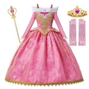 MUABABY Girls Deluxe Sleeping Beauty Princess Costume Long Sleeve Pageant Party Gown Children Fancy Dress Up Frocks 3-10T F1130