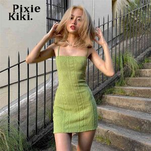 Jacquard Knitted Spaghetti Strap Bodycon Dress Green Brown Fairy Grunge Sexy Mini Dresses 2022 Clubwear P94-BD20 Y220304