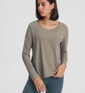 L-31 Women Simple T Shirt Leisure Loose Fit Yoga Tops Running Sports Long Sleeve Shirts Open Waist Seam Quick Dry Breathable Nude Clothes