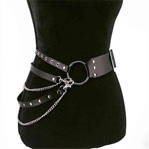 Новые женщины готический панк талии пояса цепи прохладный металлический круг кольцо дизайн серебряный штырь пряжка кожа черные талии джинсы талии ремни G220301
