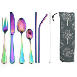 8 pçs / set arco-íris portátil desdém de talheres conjunto de talheres de aço inoxidável faca de mesa garfo colheres de chá de saco de palha utensílios com case set y200111