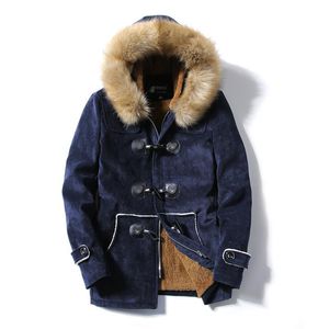 Męskie Parkas Autumn and Winter Fur Collar Horn Buckle Deer Velvet Skórzany Płaszcz Długi Sekcja Szczupła Gruba Ciepła młodzieżowa Kurtka bawełniana przez261