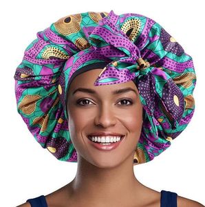 Extra stort afrikanskt mönstertryck Satin Bonnet Kvinnor Natt Sömn Keps Justerbart brett band Elastiskt Head Wrap Hair Bonnet Hat GC741