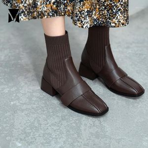 Cowhide leather patchwork mid-calf boots women chunky med high heels riding botas sewing knitted stretch sock booties mujer 20201