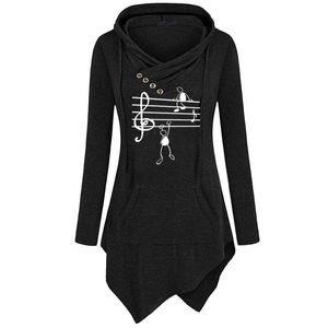 Hoodies das mulheres moletons Notas de música Cópia engraçada Hoodie Mulheres Estilo Algodão de Manga Longa Suéter Irregular Roupa