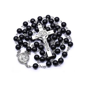 Черный акриловый крест розарийные бусы ожерелье длинный кулон для мужчин женщин религиозные молитвенные украшения подарки