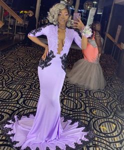 Half Sleeve Purple Mermaid Prom Klänningar 2022 Nygraderingsklänningar Svart Appliques Open Back Night Dress