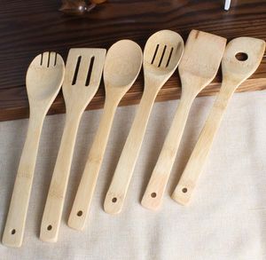 Bambu Spoon Spatel 6 Stilar Bärbara Träredskap Kök Matlagning Turner Slits Blandning Hållare Skovlar Gratis